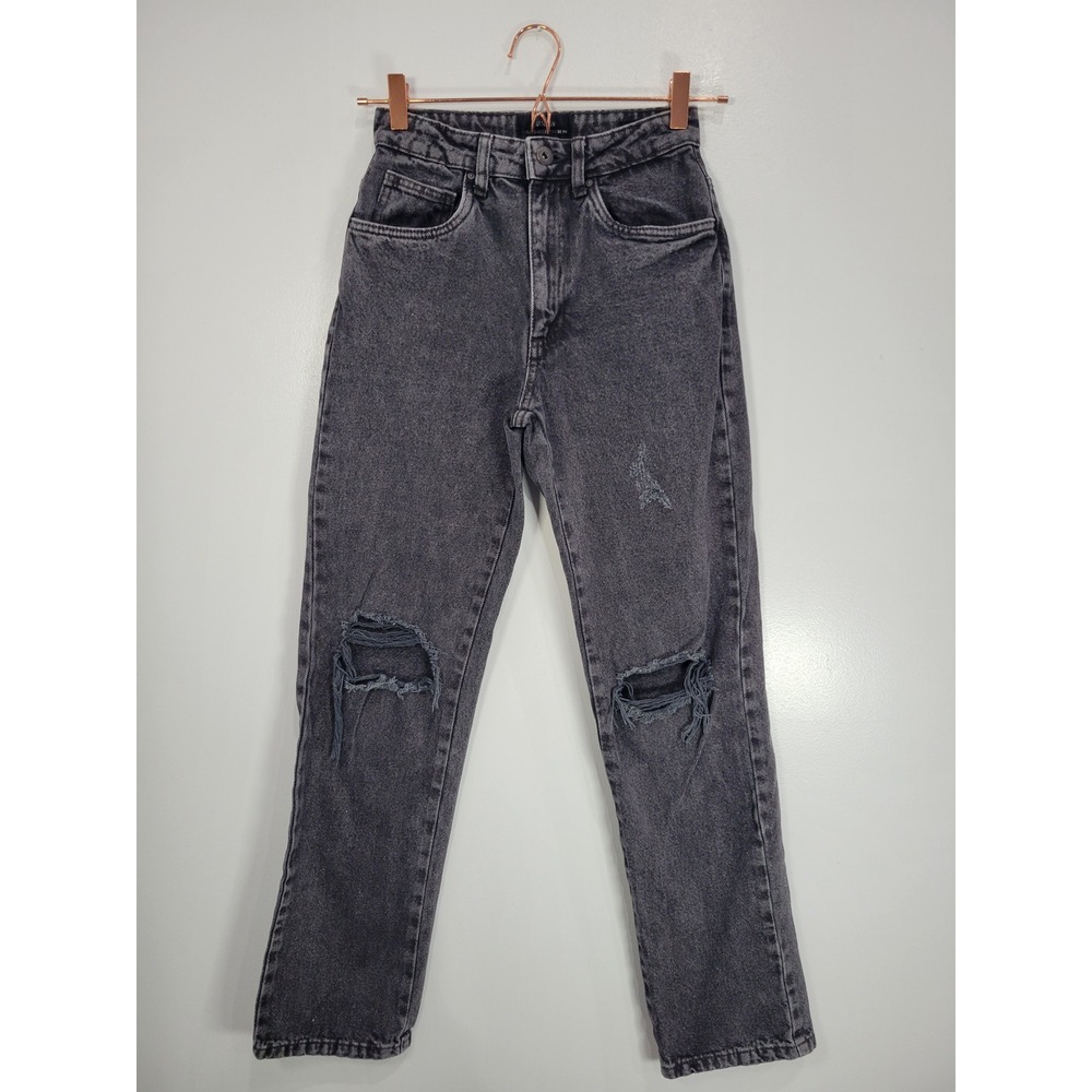 Cotton On Long Straight Leg Distressed Jeans Faded Black High Rise Size US 2